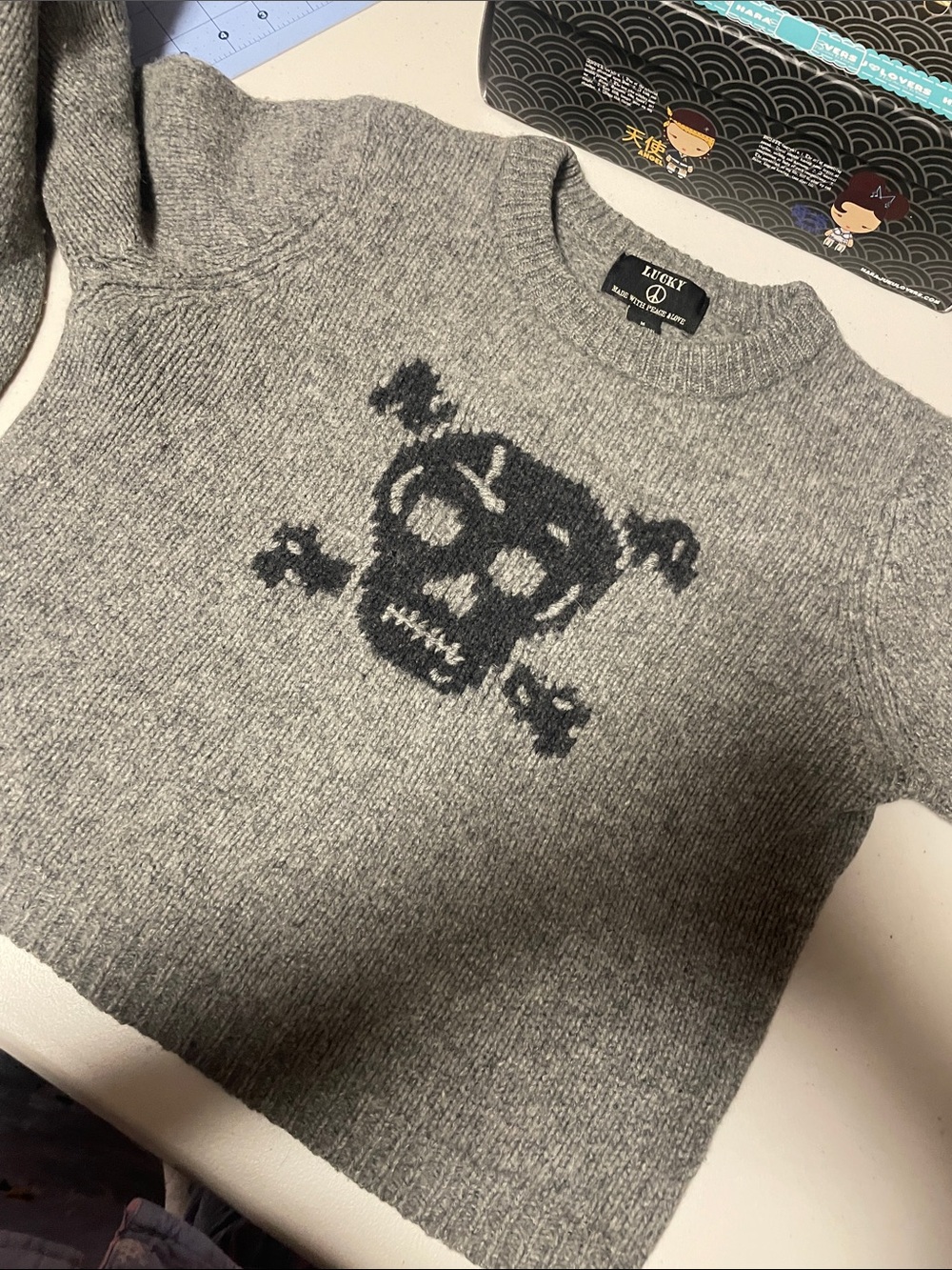 Lucky Brand Gray Crewneck Skull Wool Knit Sweater sz M